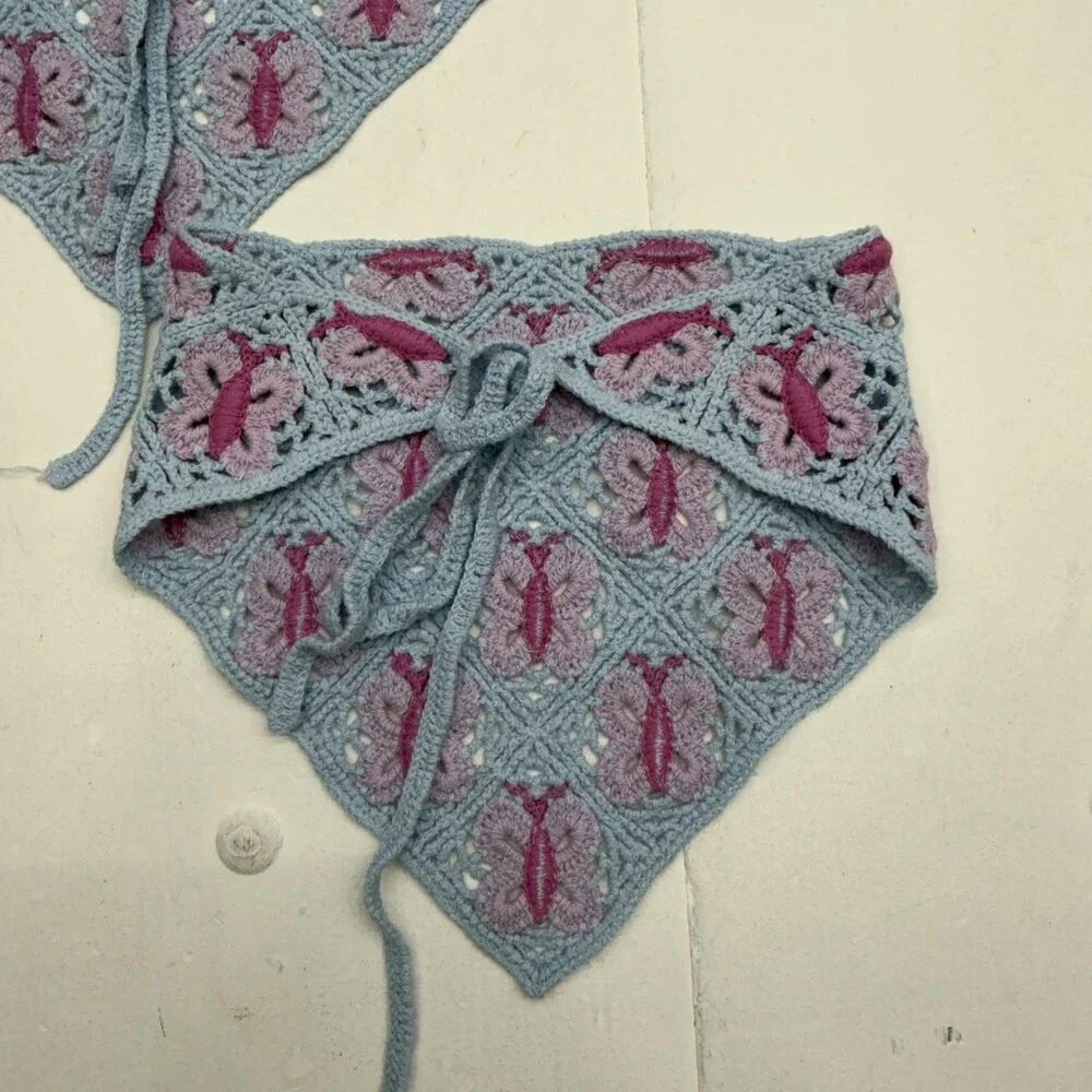 Urban Outfitters Womens One Size Blue Crochet Butterfly Headscarf Bandana 2 Pack